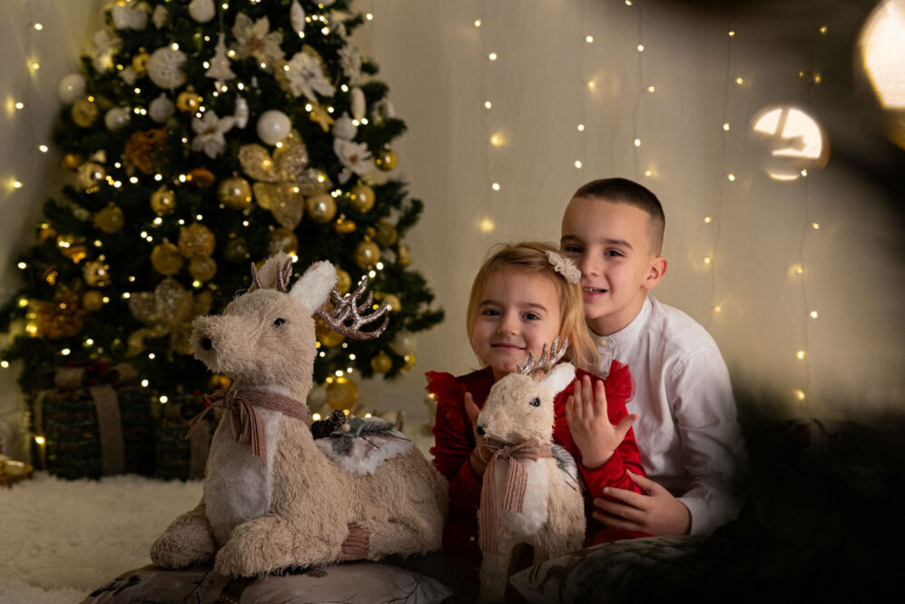 fratello e sorella con mamma Renna e la sua cucciola in un set fotografico a Assisi (Perugia)